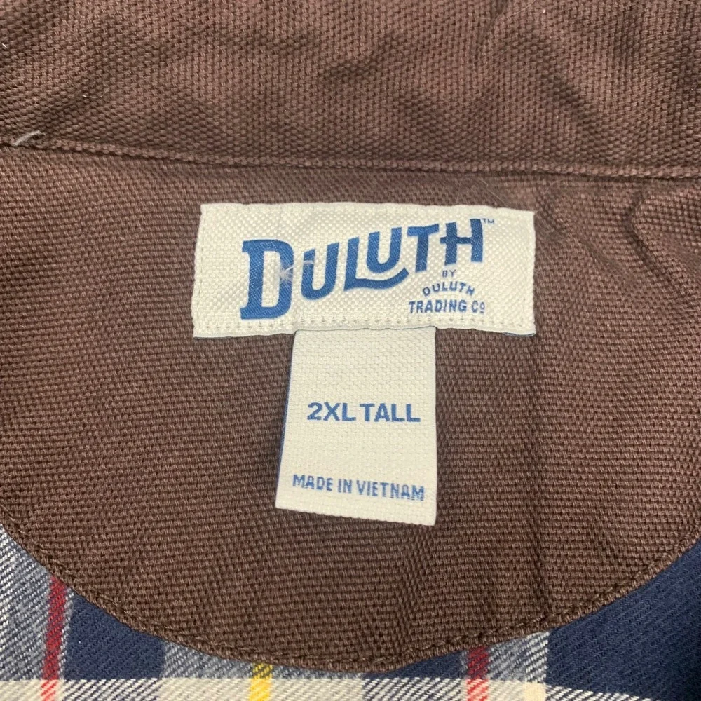 Duluth Trading Co Shirt Jacket Mens 2XL Tall Brown Cotton Canvas Plaid‎ Lined